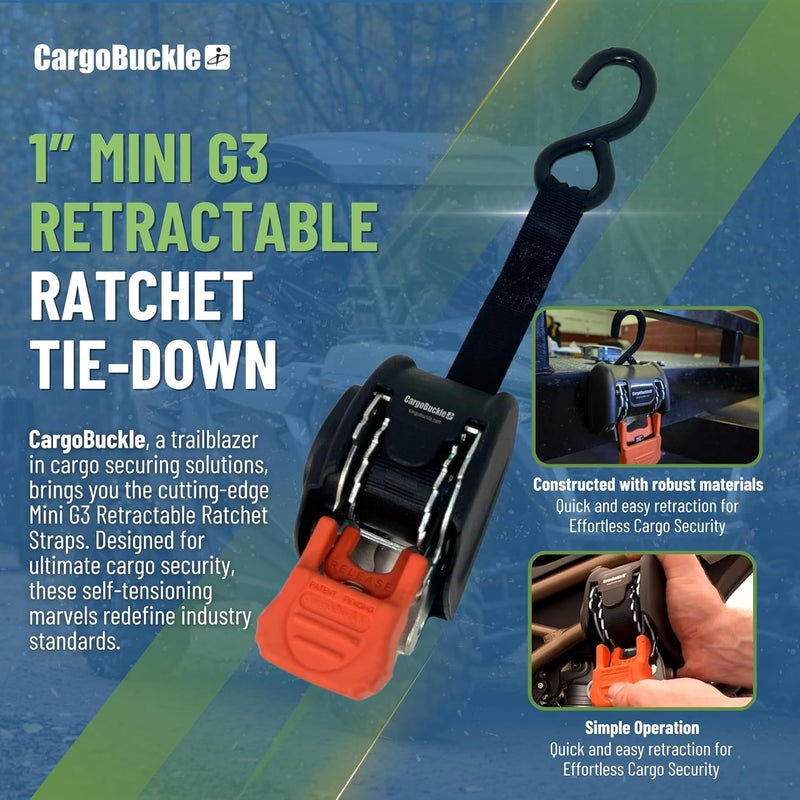 CargoBuckle Mini G3 Retractable Ratchet Straps, 1400 lbs Break Strength, 1-Inch Width X 6 ft Reach, Self Retracting Ratchet Straps for Trailers, Toy Haulers, ATVs, and Motorcycles - 2 Pack - Image 2